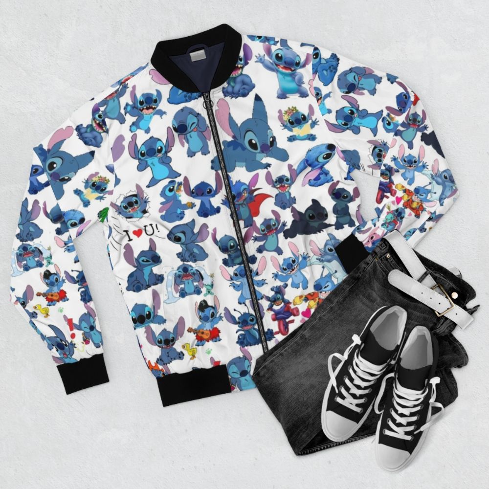 Lilo and Stitch inspired bomber jacket with the character design and text - Flat lay