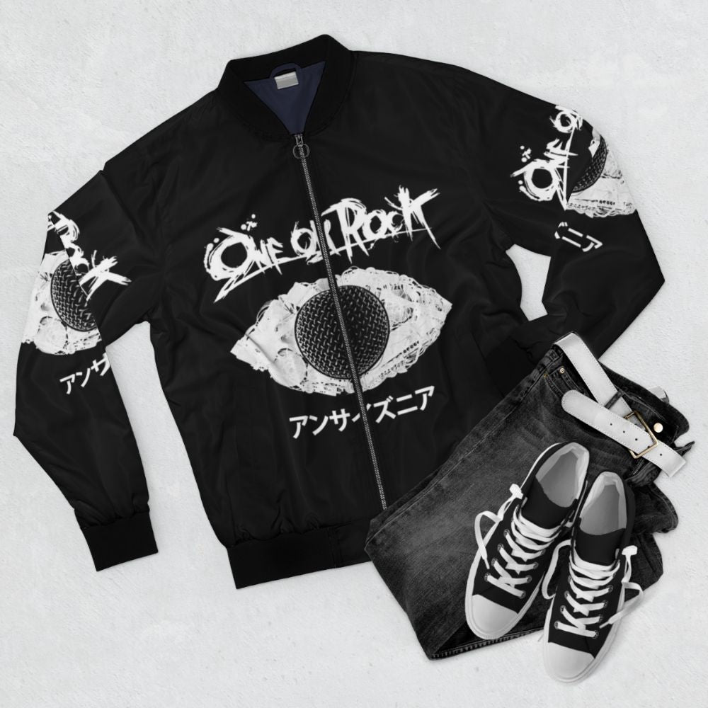 One Ok Rocks Vintage Concert Bomber Jacket with Punk and Hard Rock Inspired Design - Flat lay