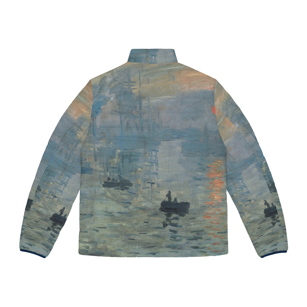 Claude Monet's Impression, Sunrise fine art puffer jacket with impressionist painting - Back