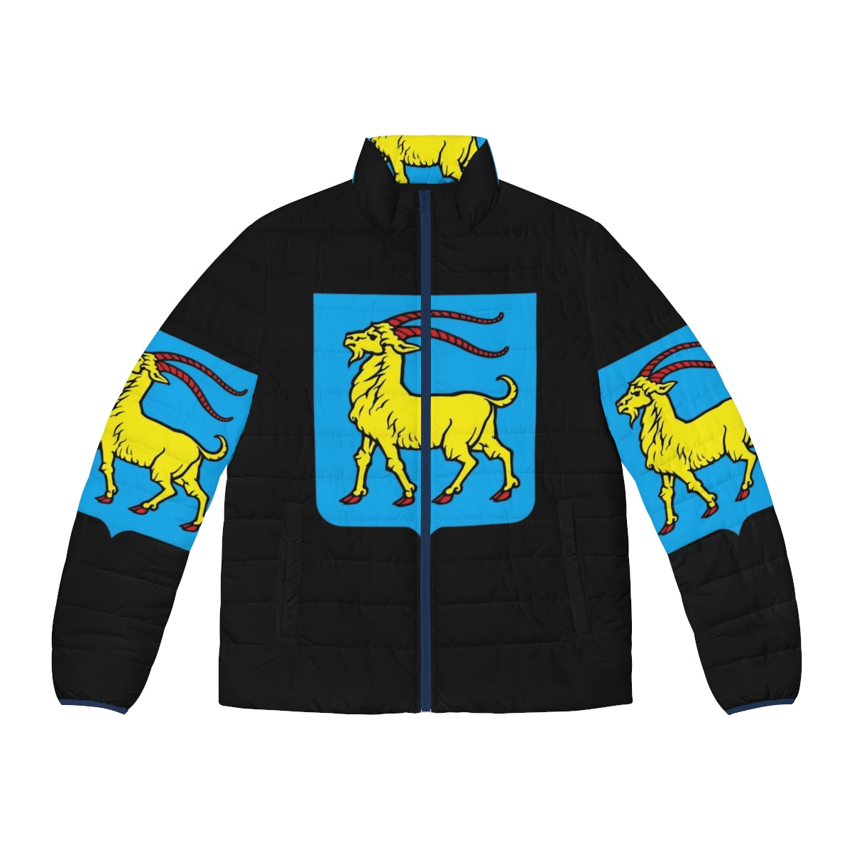 Puffer jacket featuring the coat of arms of Istria, Croatia with a heraldic goat design