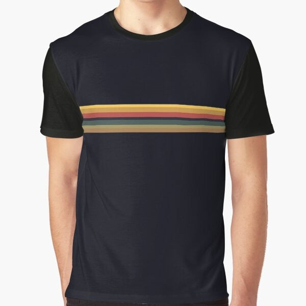 Jodie Whittaker as the 13th Doctor in a rainbow-striped graphic t-shirt