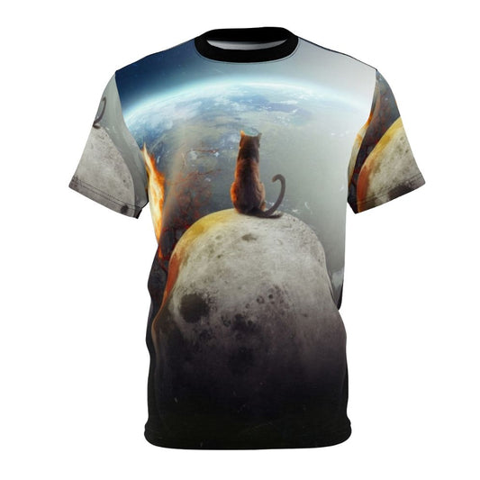 A t-shirt featuring a unique photomanipulation design of a cat in a sci-fi, fantasy space setting.