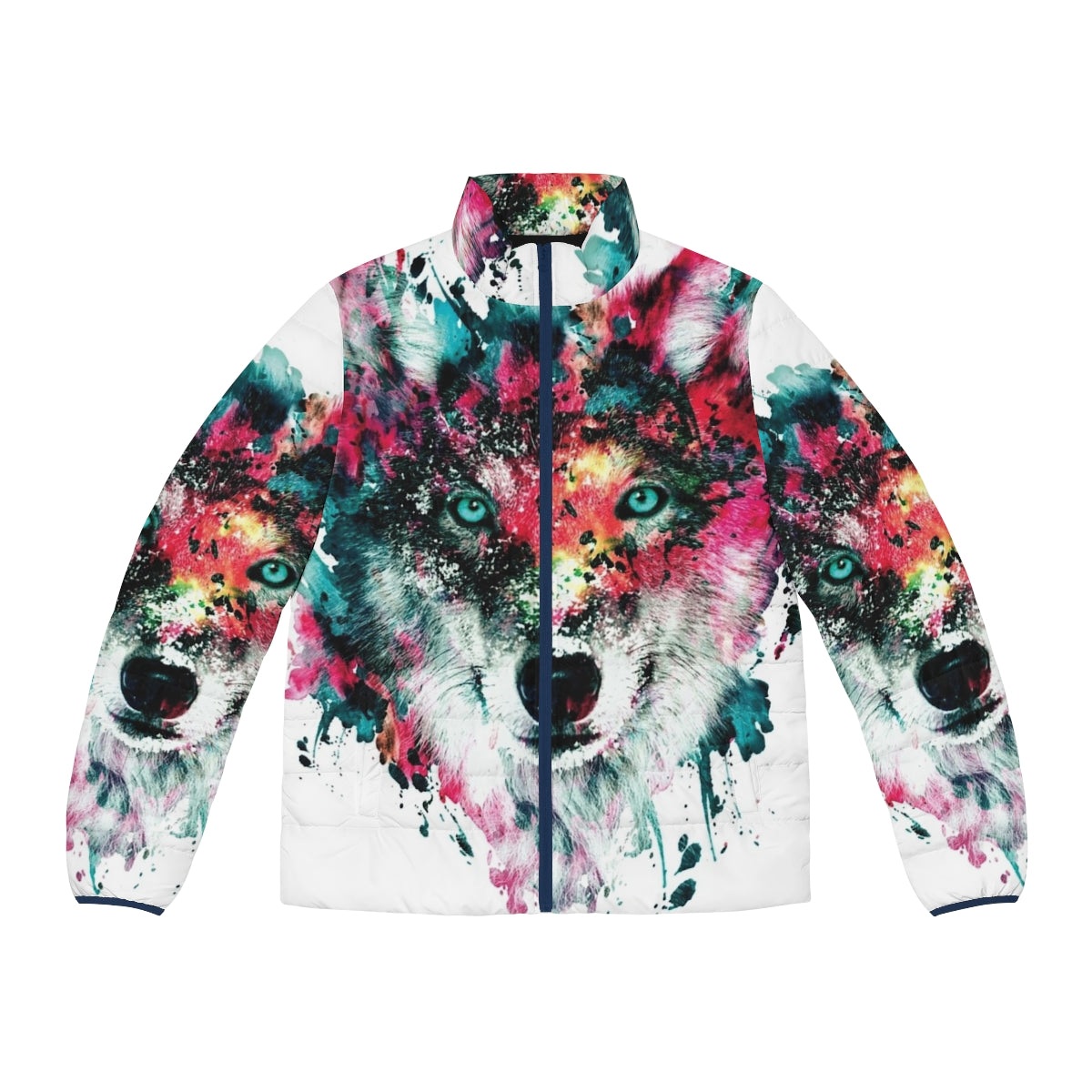 Vibrant wolf puffer jacket artwork featuring abstract, colorful design