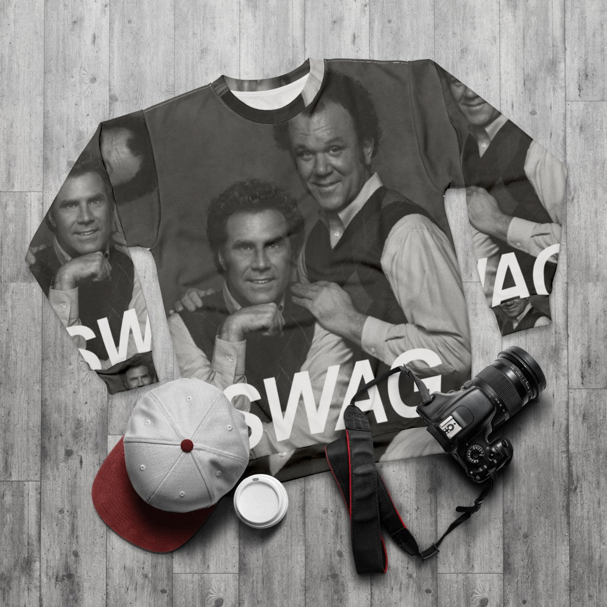 Step Brothers movie themed sweatshirt with a graphic portrait of Will Ferrell and John C. Reilly - flat lay