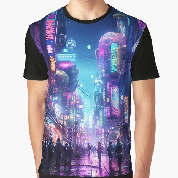 Futuristic cyberpunk-inspired graphic t-shirt featuring a neon cityscape of Tokyo, Japan.