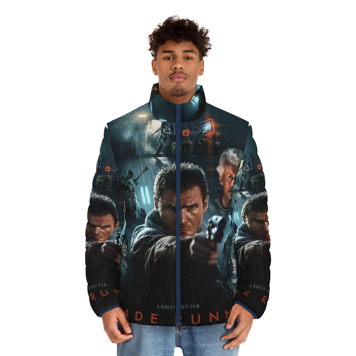 Blade Runner Inspired Retro Futuristic Puffer Jacket featuring classic sci-fi design - men front