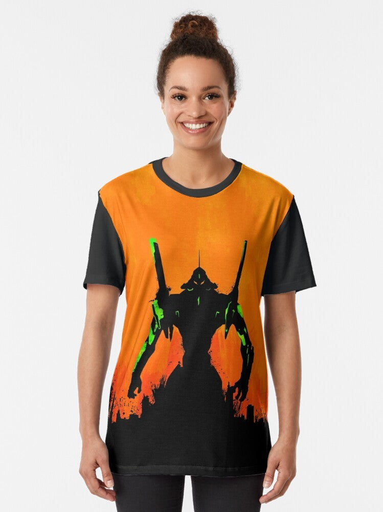 Minimalist Evangelion graphic t-shirt featuring a silhouette design of the NERV robot and characters from the anime series Neon Genesis Evangelion. - Women