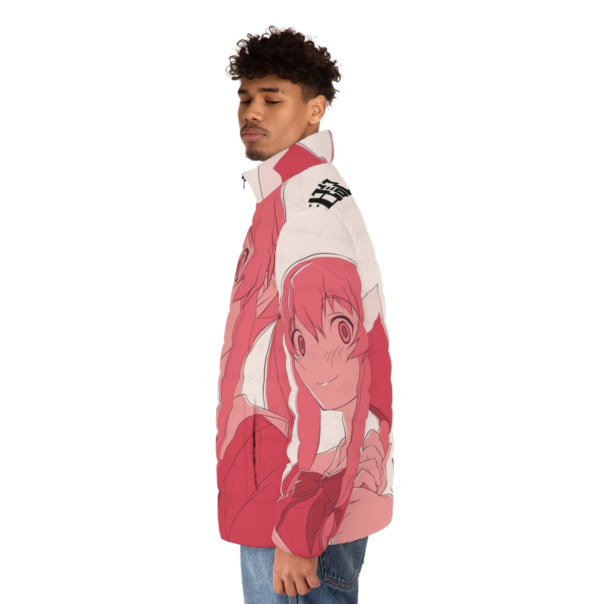 Mirai Nikki anime-inspired puffer jacket featuring Yuno Gasai design - men side left