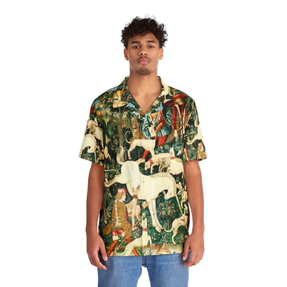 Medieval Unicorn Floral Tapestry Hawaiian Shirt - People Front