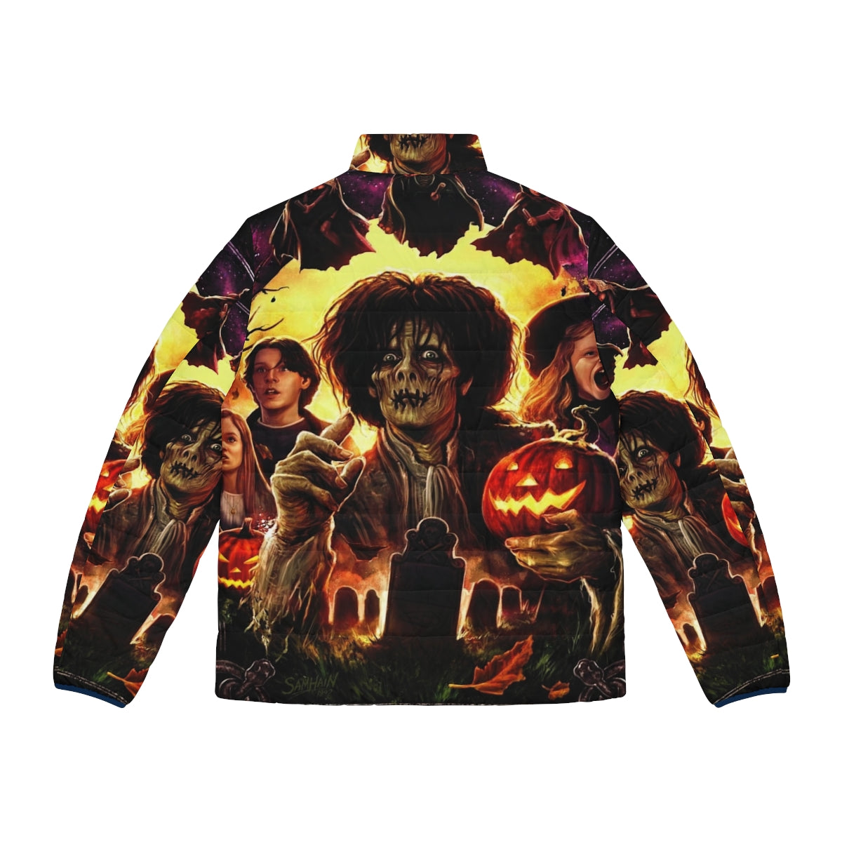 Hocus Pocus-themed puffer jacket with witches, black cats, and other Halloween elements - Back