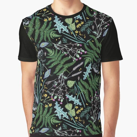 A summer night botanical graphic t-shirt featuring colorful flowers, leaves, and a magical, dreamy design.