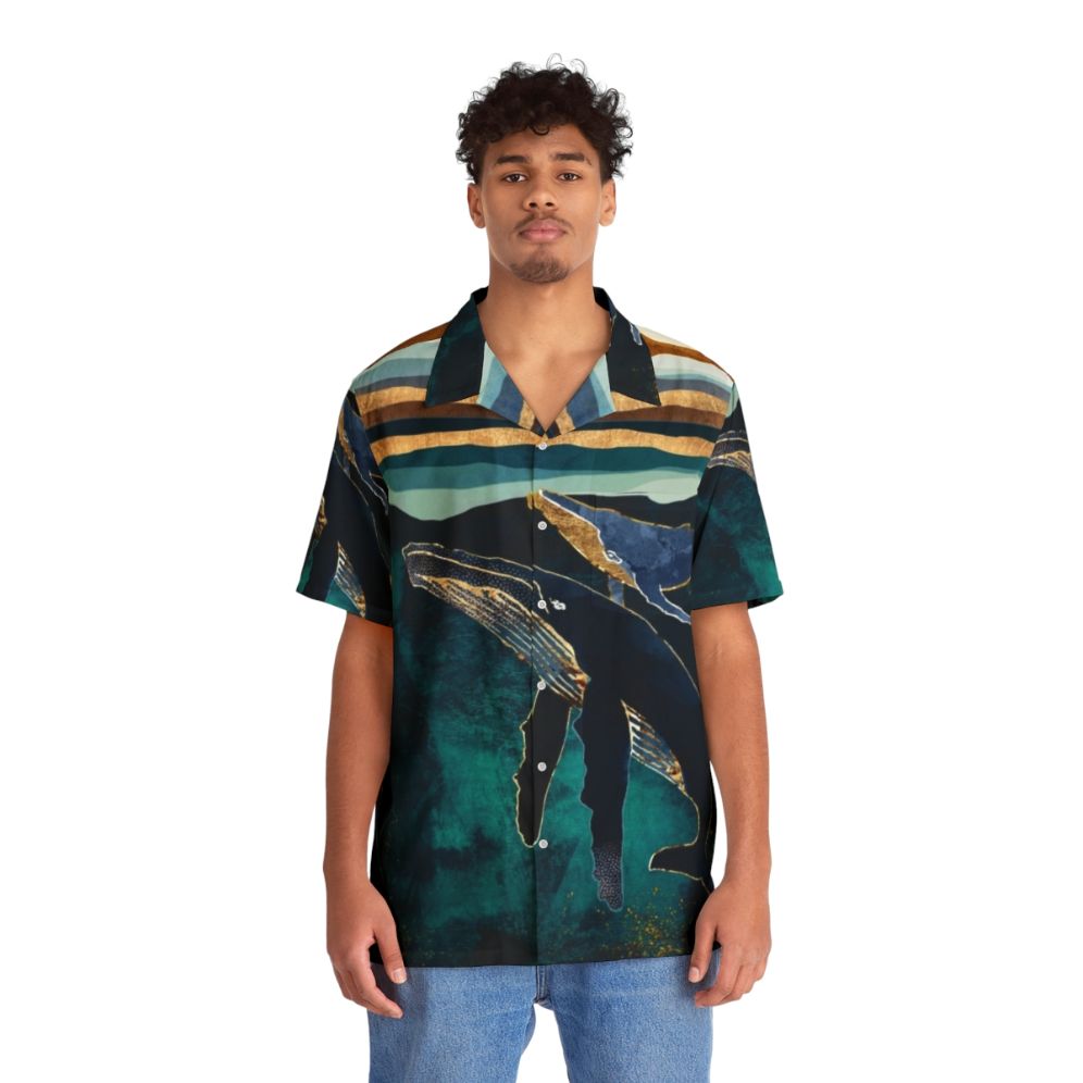 Moonlit whales Hawaiian shirt with abstract ocean and nature design - People Front