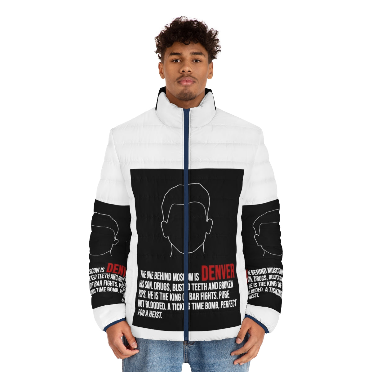 Denver House of Money Puffer Jacket featuring iconic Money Heist inspired lineart design - men front