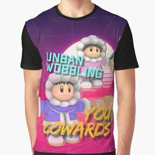 Graphic t-shirt design featuring the banned "wobbling" technique from the ice climbers character in Super Smash Bros.