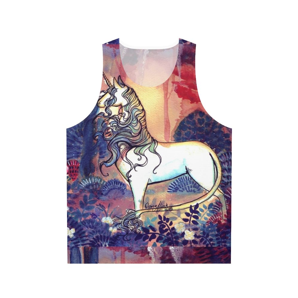 Watercolor unicorn design on a unisex tank top