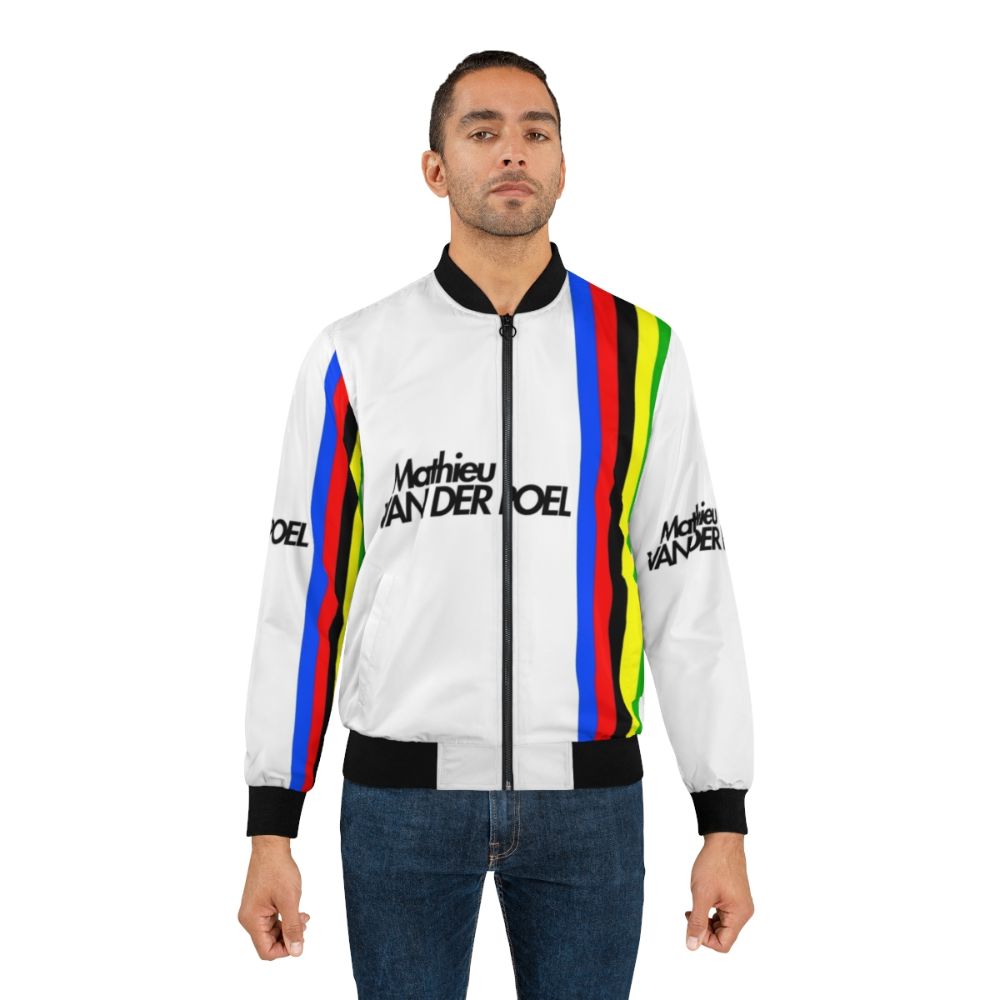 Mathieu van der Poel wearing a cycling bomber jacket with world championship design - Lifestyle