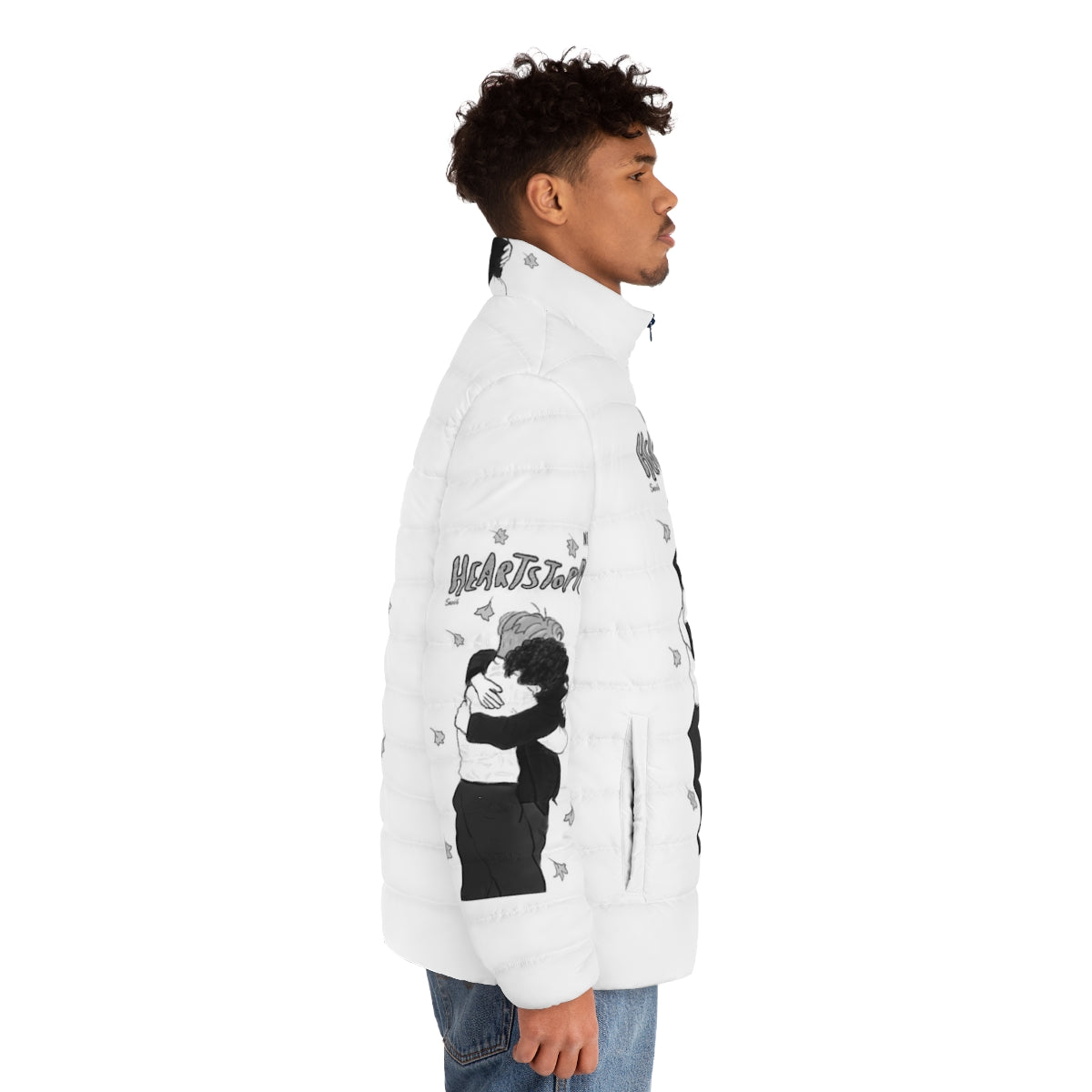 Heartstopper Nick and Charlie Hug Puffer Jacket featuring the iconic couple from the Netflix series - men side right