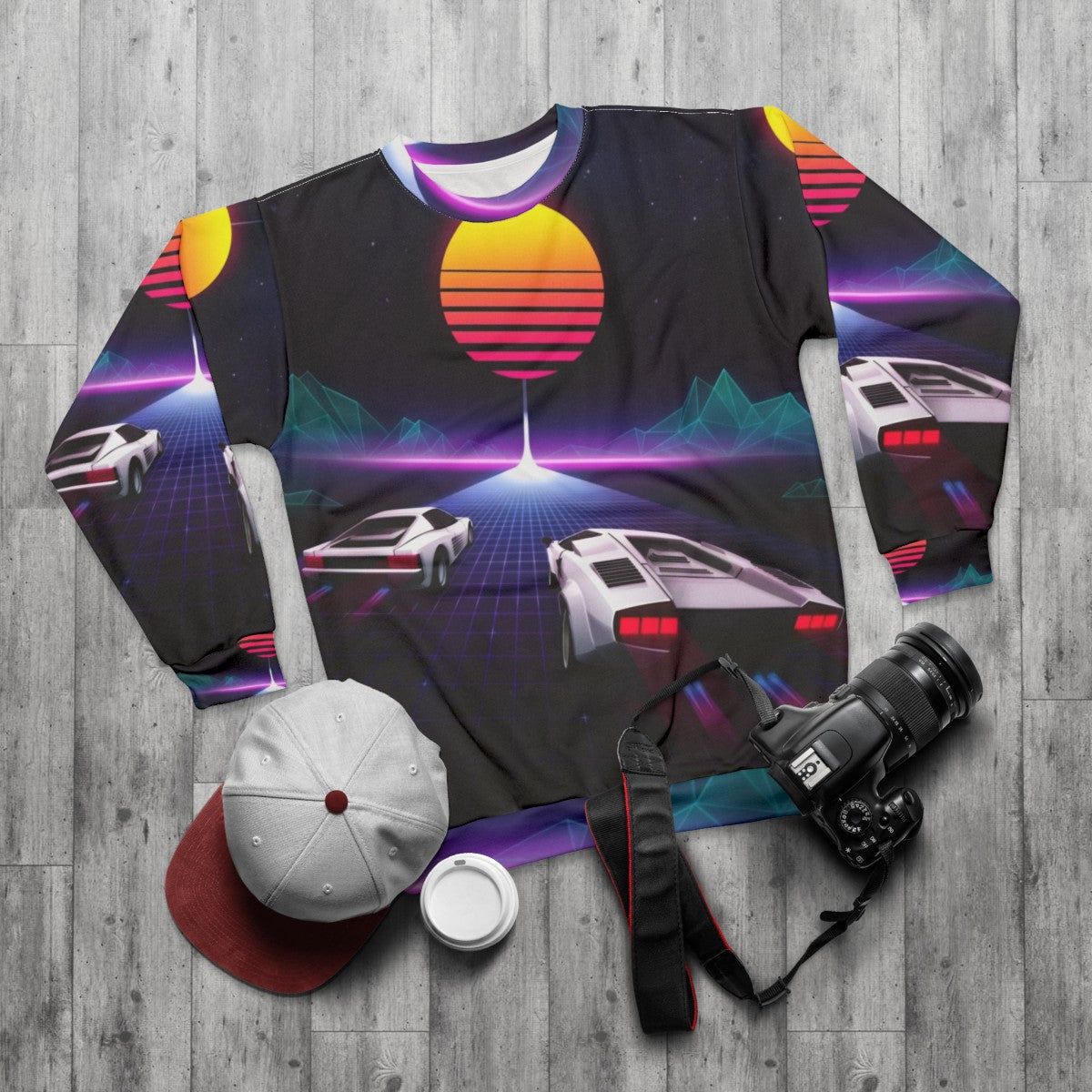 Neon Skyway Retro 80s Sweatshirt with Pop Art Racing Design - flat lay