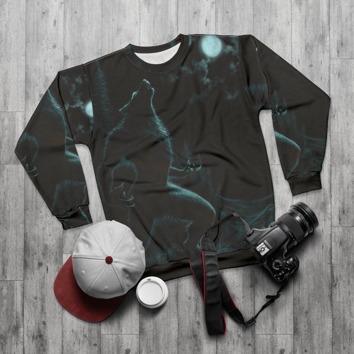 Howl of the Werewolf Sweatshirt featuring a werewolf howling at the full moon - flat lay