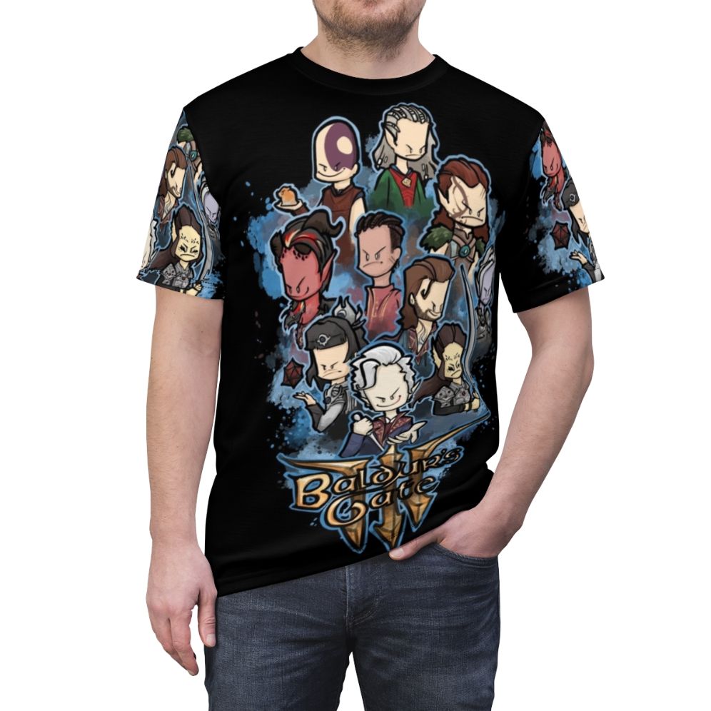 Adventuring Party AOP T-shirt featuring characters from the Baldur's Gate franchise - men front