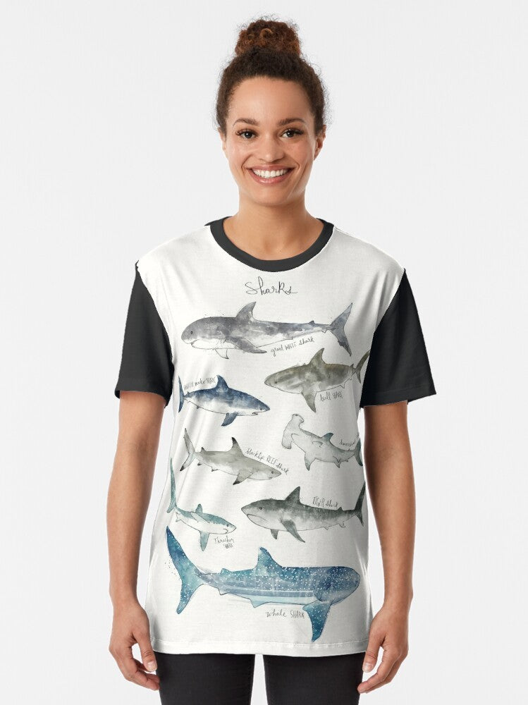 Sharks Graphic T-Shirt with Various Shark Species - Women