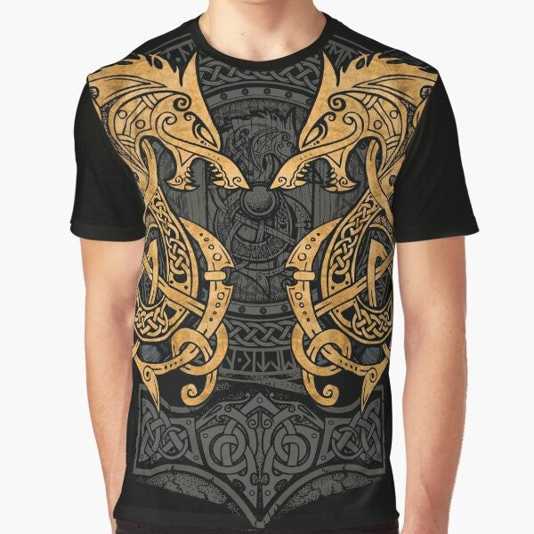 Gold graphic t-shirt featuring Fenrir, the legendary wolf from Norse mythology