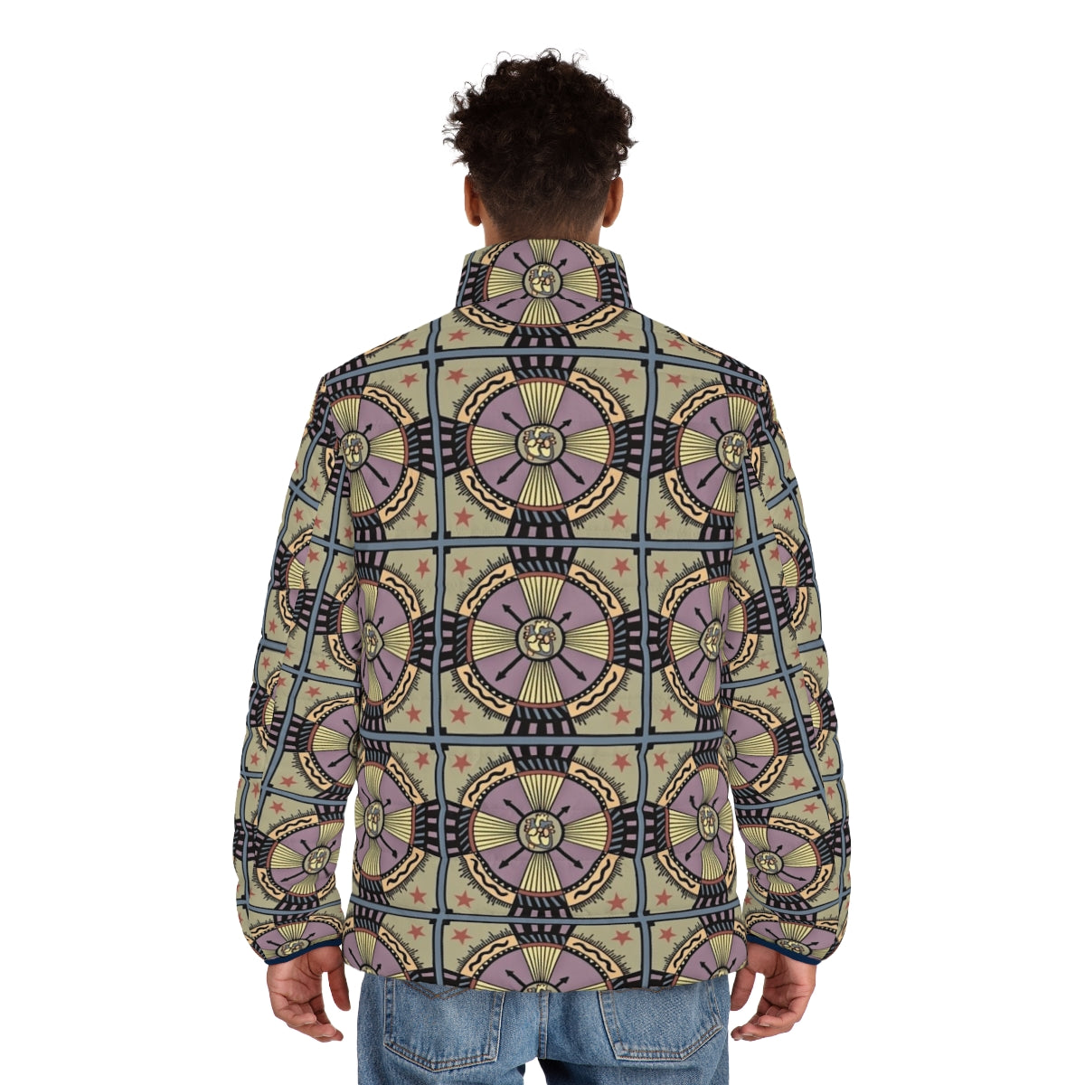 Person wearing Heartifact Follow Your Heart Puffer Jacket with mandala pattern - men back