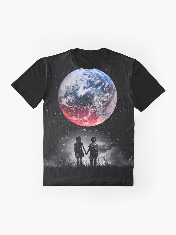 Graphic t-shirt featuring a space and universe design with stars, planets, and earth - Flat lay