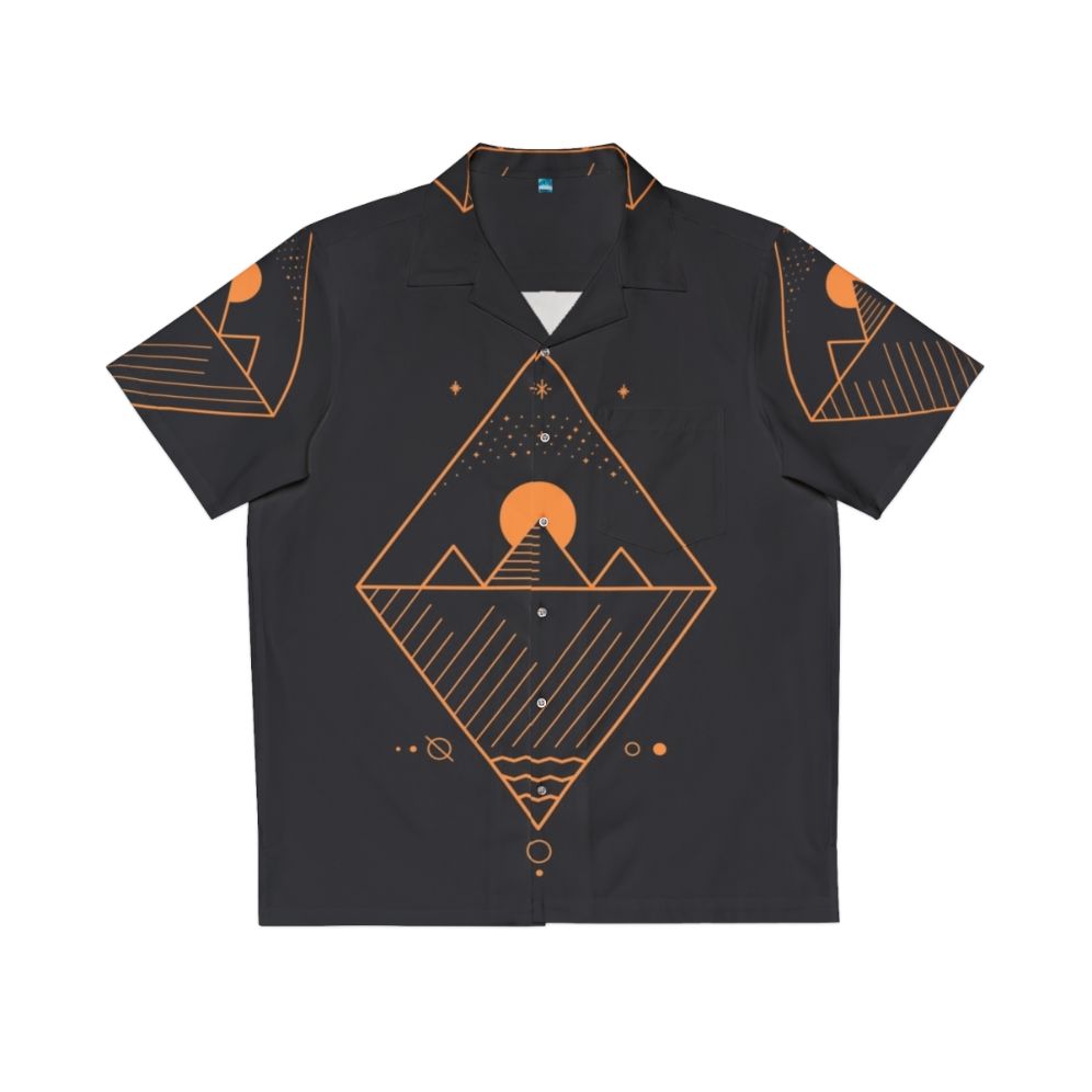 Osiris minimalist sci-fi Hawaiian shirt with geometric patterns and space motifs