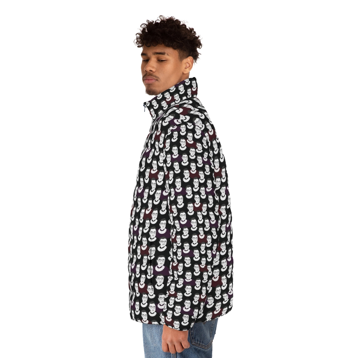 Ruth Bader Ginsburg inspired puffer jacket featuring a bold RBG pattern - men side left