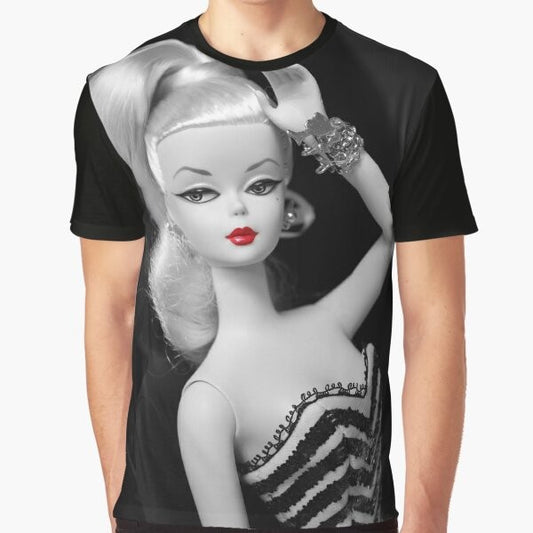 Vintage Silkstone Doll Graphic T-Shirt featuring a black and white image of a classic doll with red lipstick