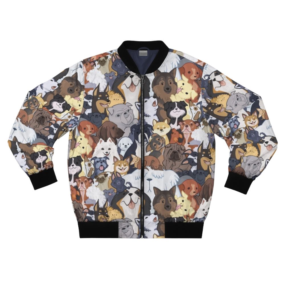 A bomber jacket featuring a vibrant, cartoon-style pattern of various dog breeds, including golden retrievers, pugs, and corgis, against a colorful background.