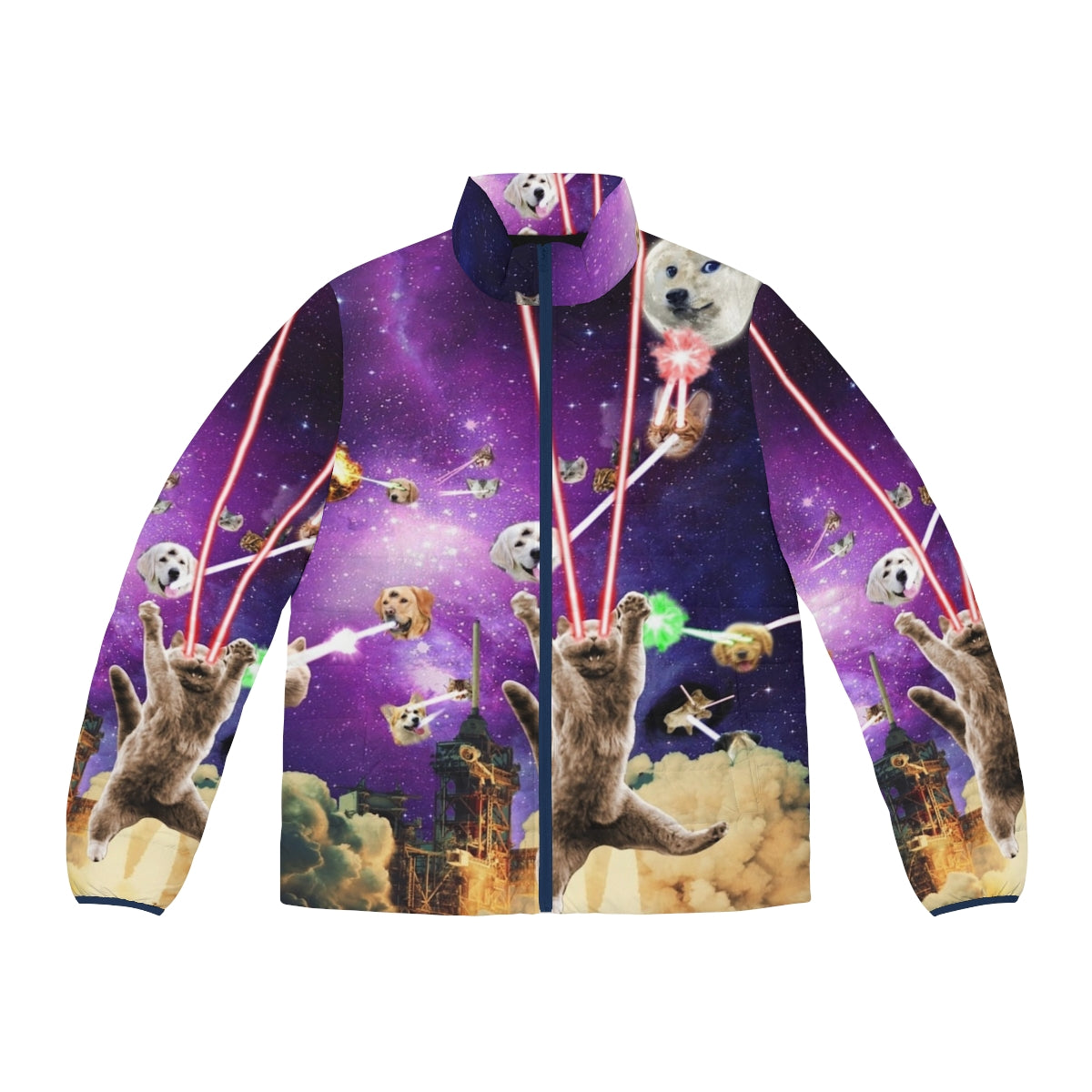 Cats with laser eyes wearing a stylish puffer jacket in a space-themed design