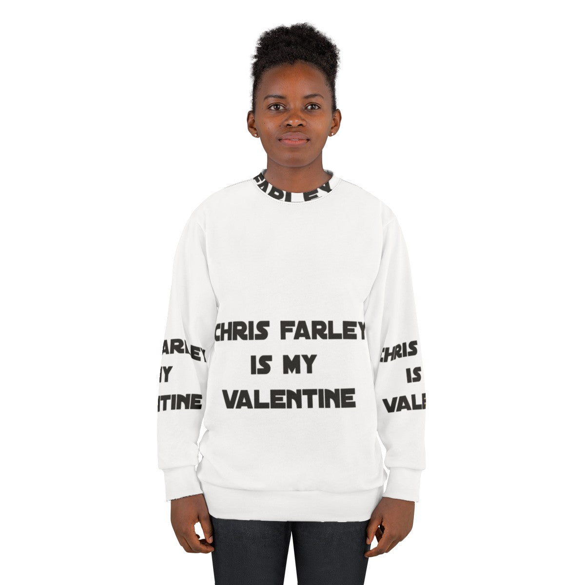 Retro Chris Farley themed sweatshirt with "Is My Valentine" text - women