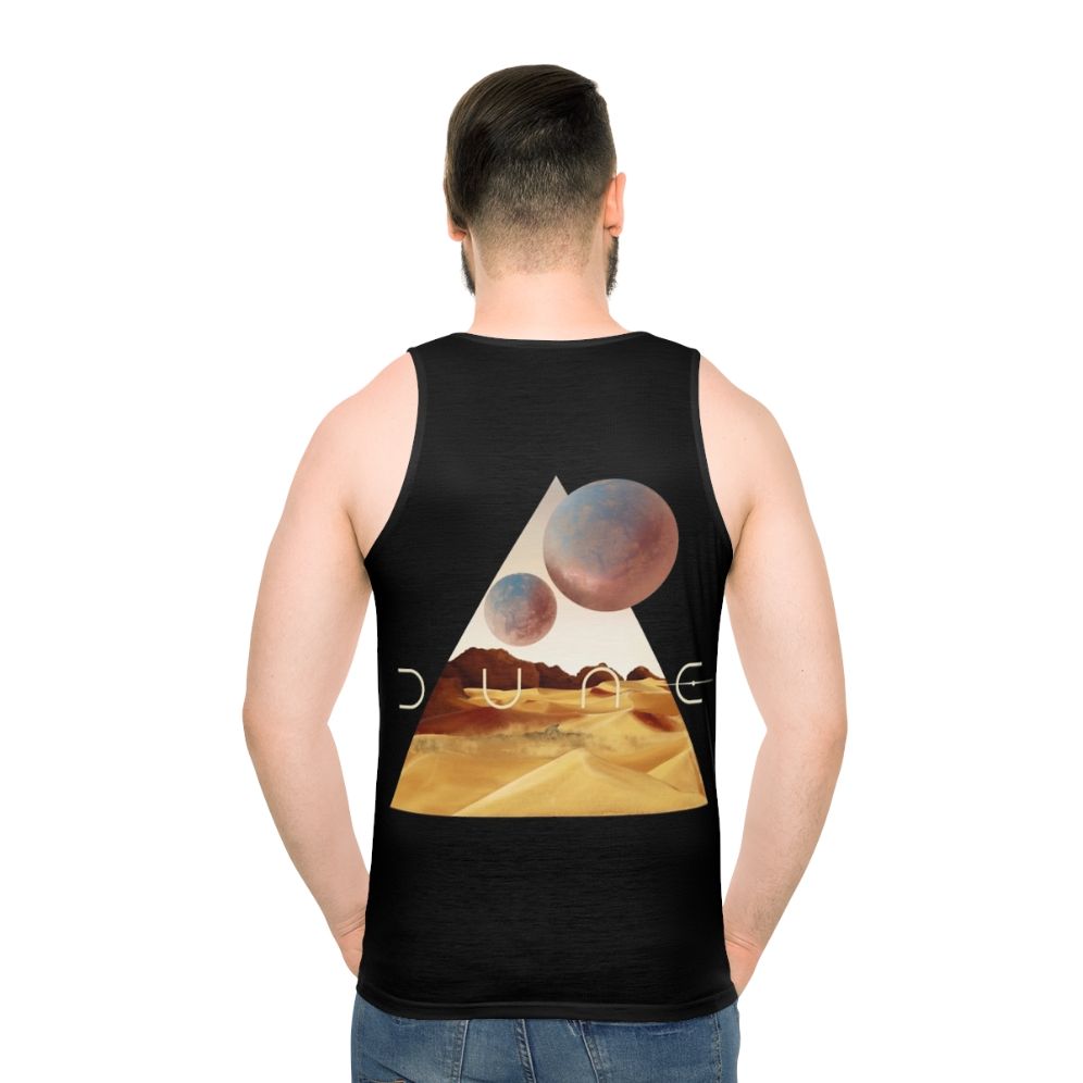 Dune movie inspired unisex tank top with desert and sandworm design - men back