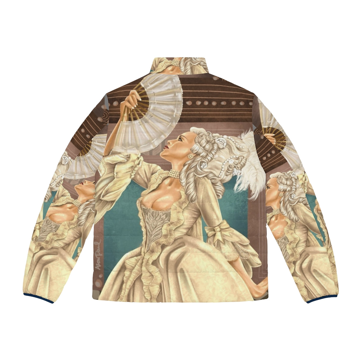 Stylish puffer jacket featuring pop art inspired French royalty design - Back