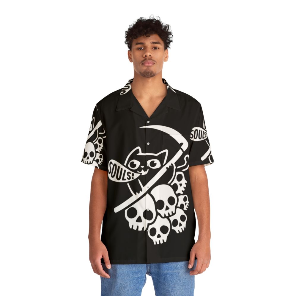 Cat Got Your Soul II Dark Hawaiian Shirt with Grim Reaper and Skeleton Bones - People Front