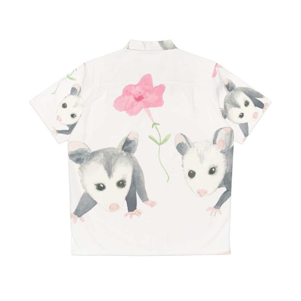 Cute baby opossum and pink petunias on a Hawaiian-style shirt - Back