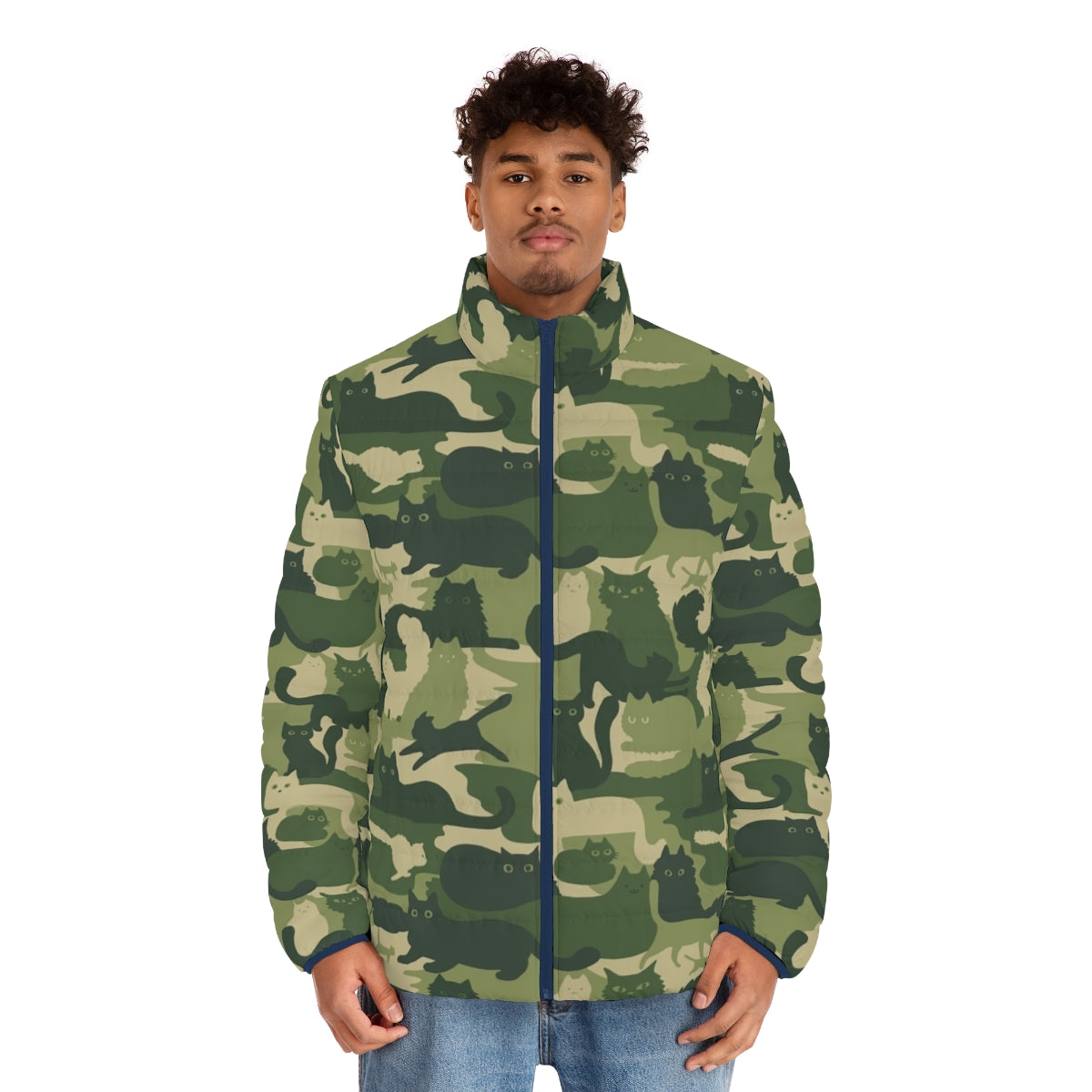 Army green camouflage puffer jacket with funny cat silhouette pattern - men front