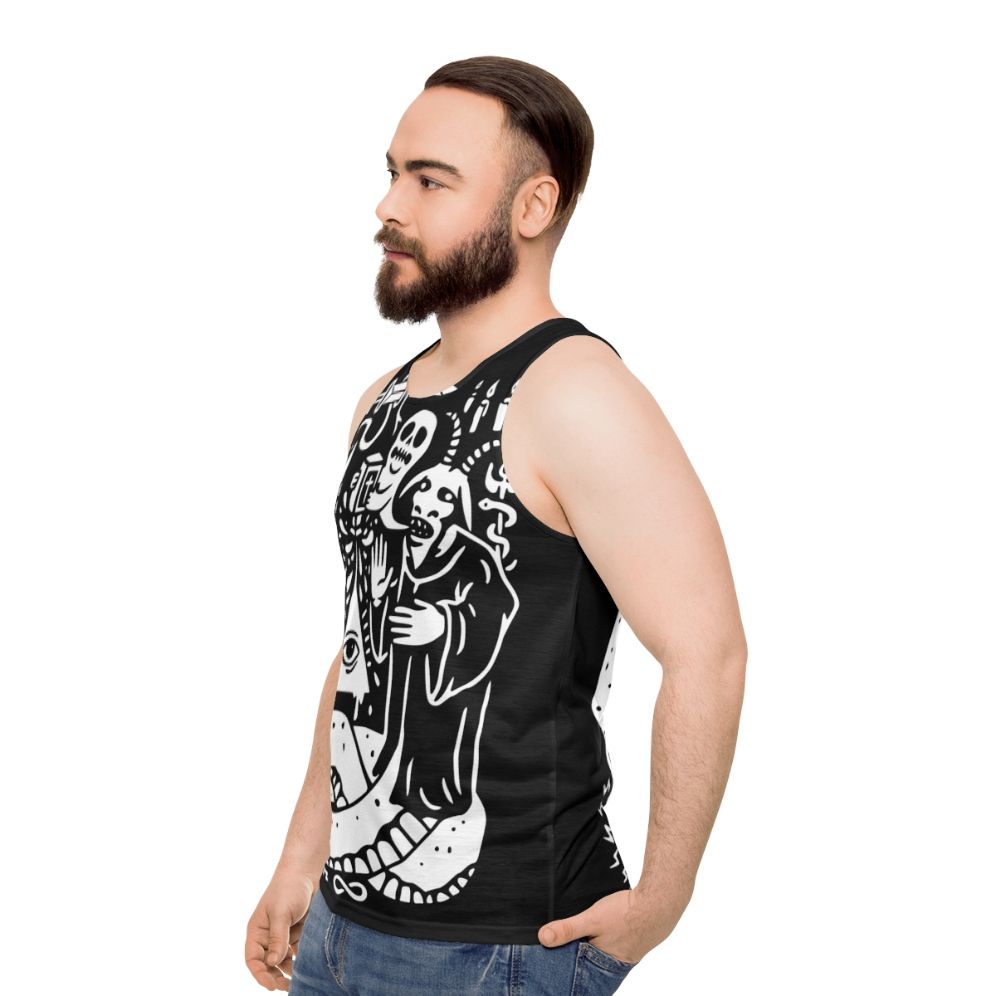 Occult unisex tank top with mystical cult design - men side