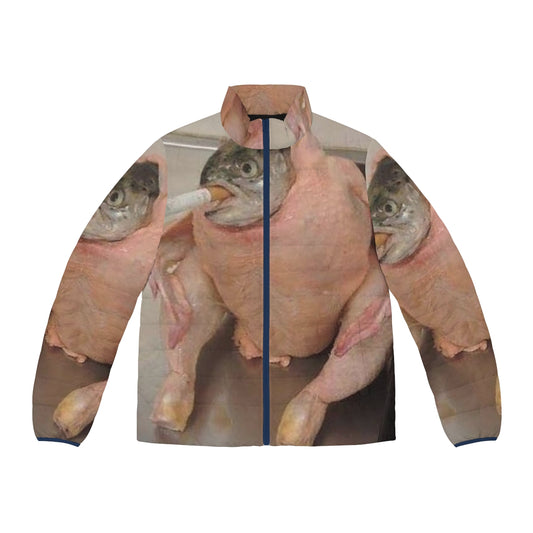 A puffer jacket with a fish and chicken design, perfect for meme fans