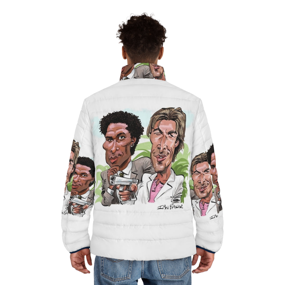 Miami Vice inspired 80s puffer jacket for men with cartoon caricature design - men back