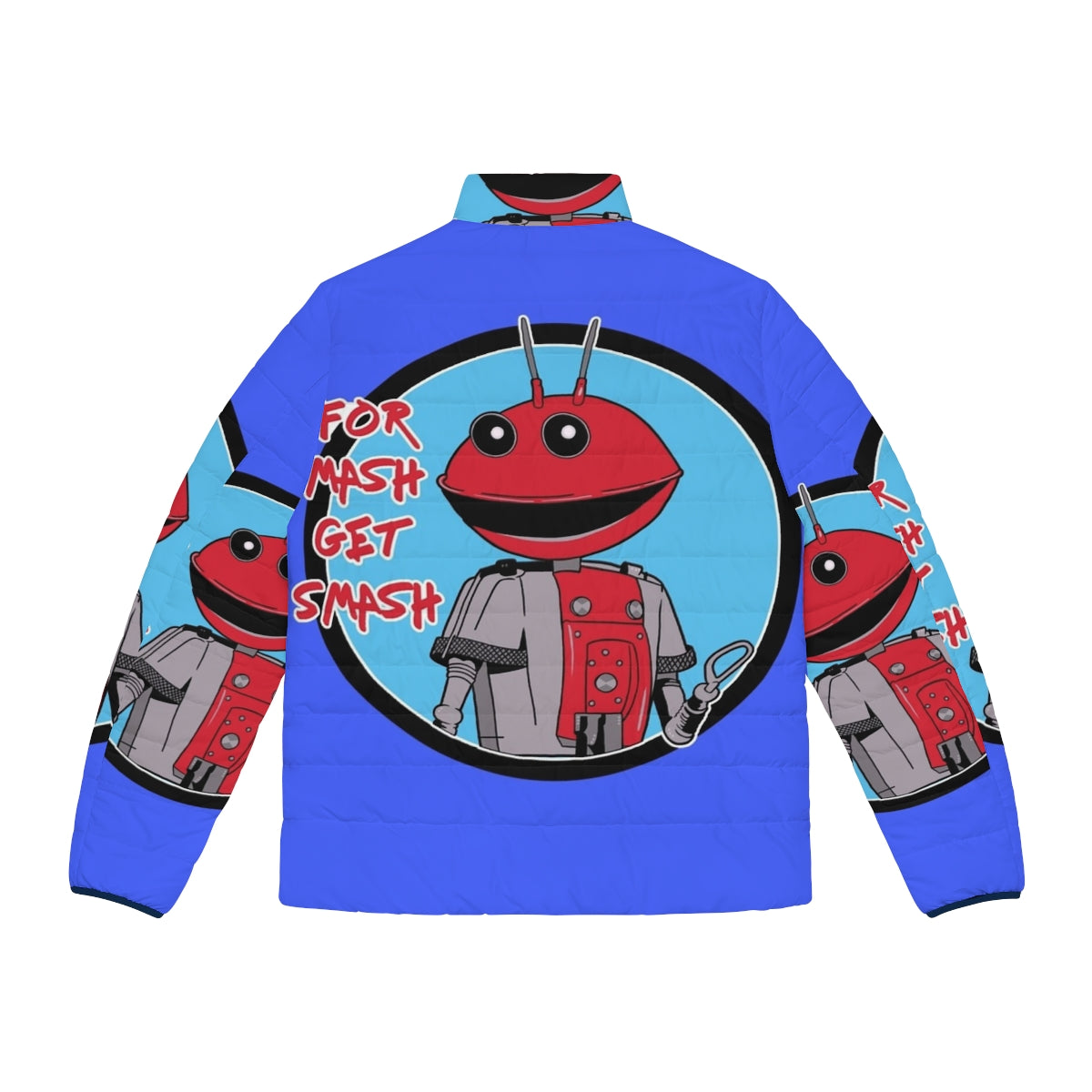 "For Mash Get Smash" 80s Retro Puffer Jacket with Robot and Alien Design - Back