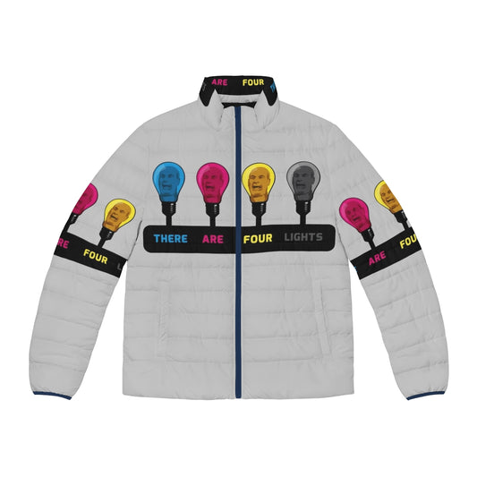 Colorful CMYK puffer jacket with 'There Are Four Lights' sci-fi inspired design