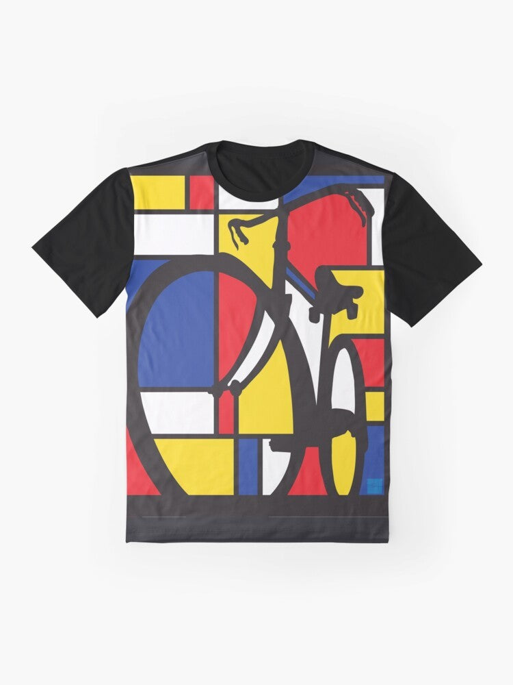 Mondrian inspired bicycle art graphic t-shirt featuring a vibrant, colorful design of a bicycle - Flat lay