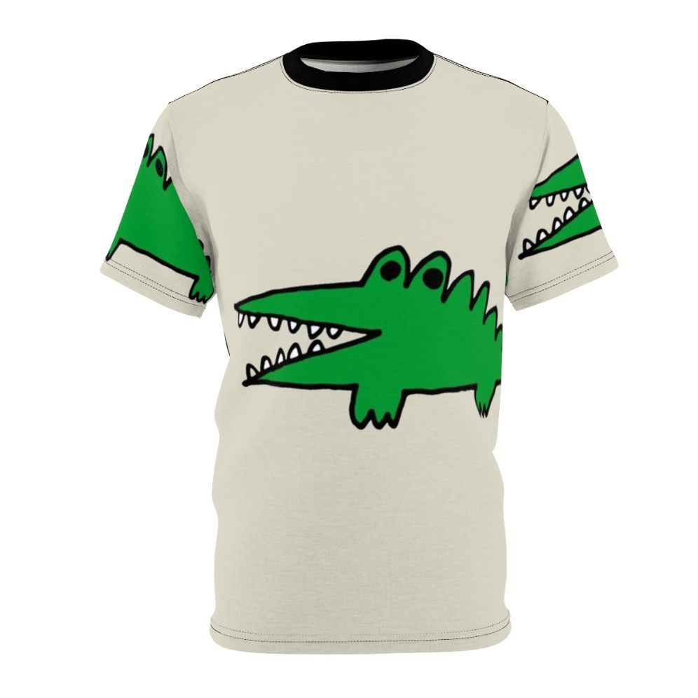 Whimsical illustration of a cartoon alligator facing big challenges on a vintage-style t-shirt