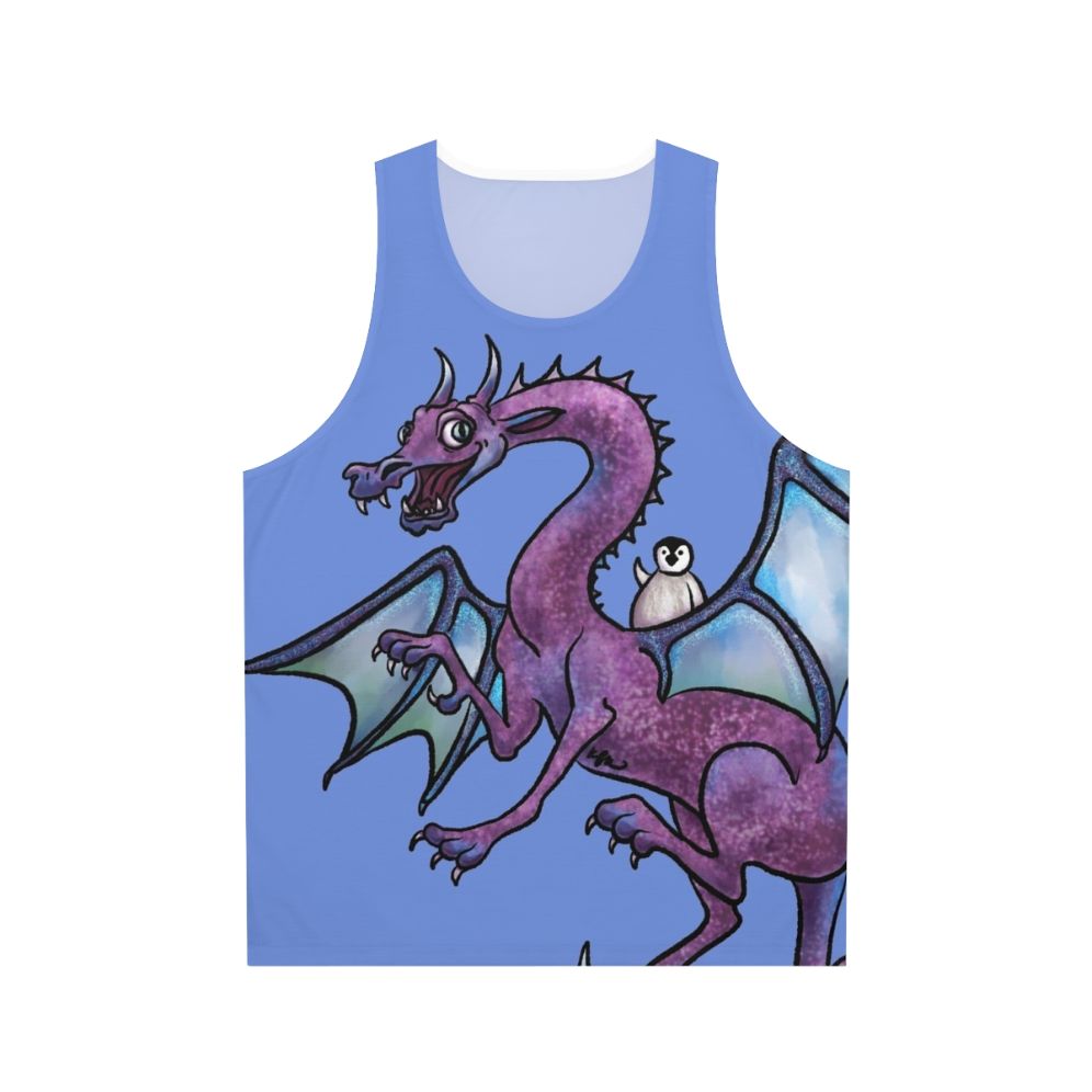 Unisex tank top with fantasy art design of a penguin and dragon in an adventurous scene