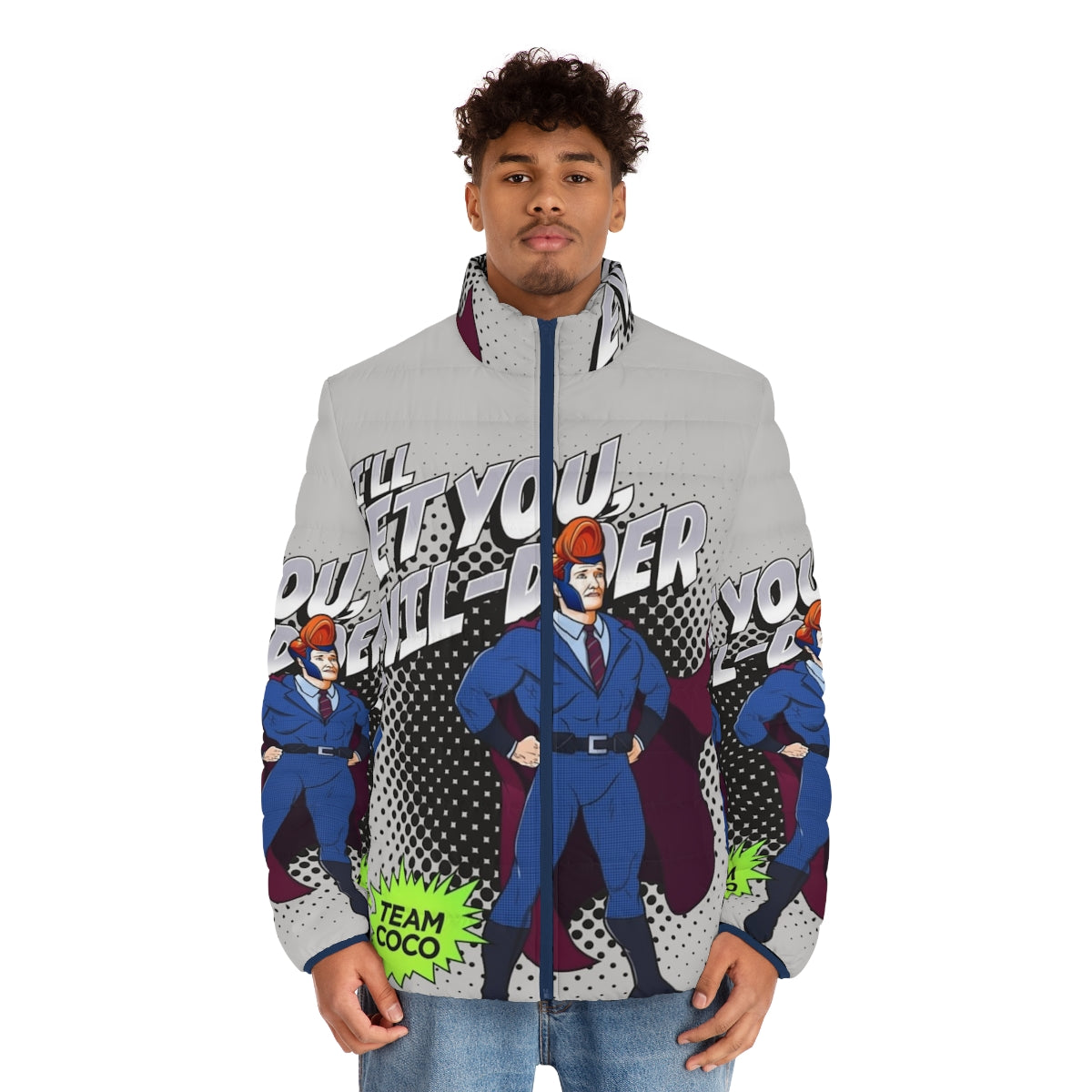 A model wearing a stylish puffer jacket with a superhero-inspired design - men front