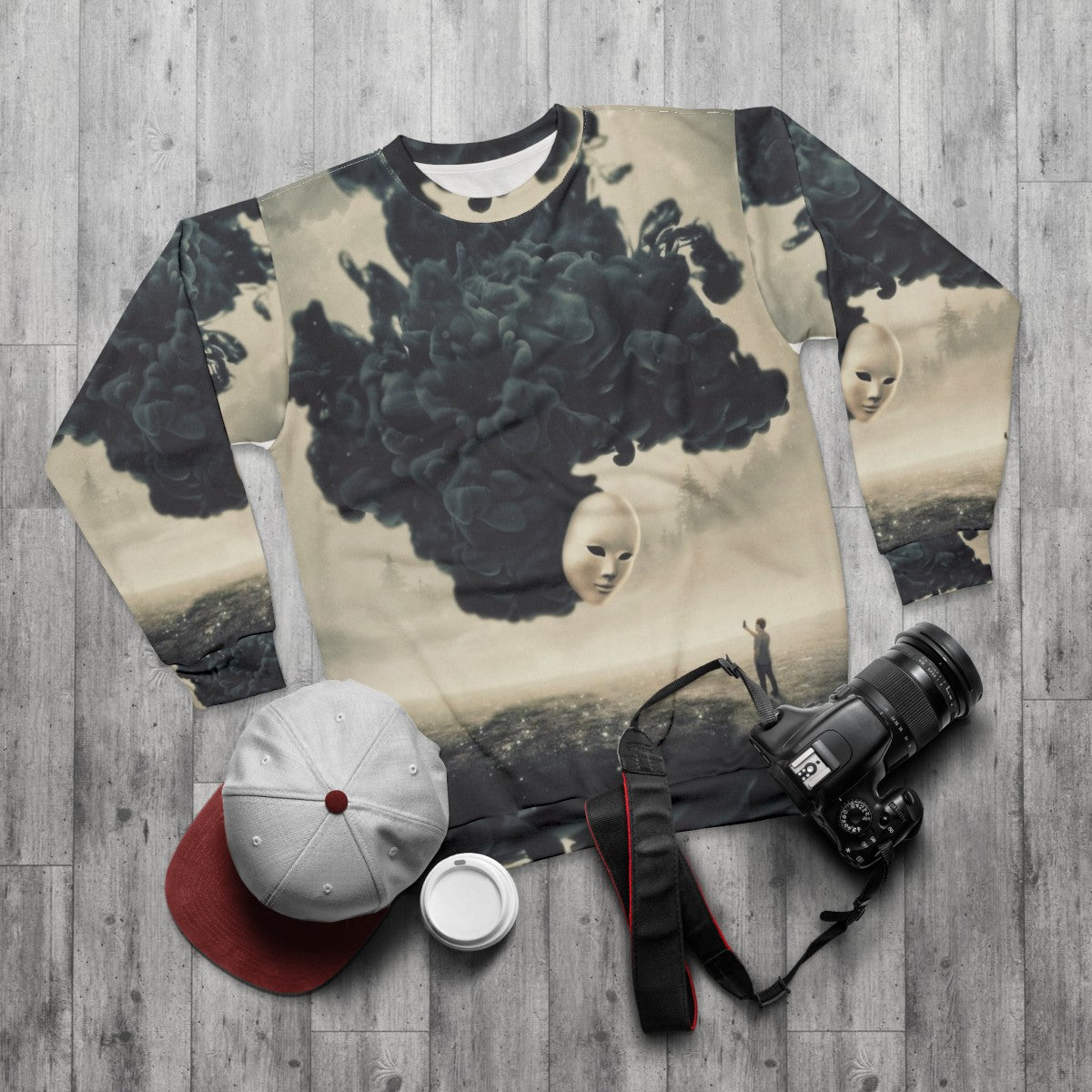 Dark surrealism sweatshirt featuring a surreal and creepy design - flat lay