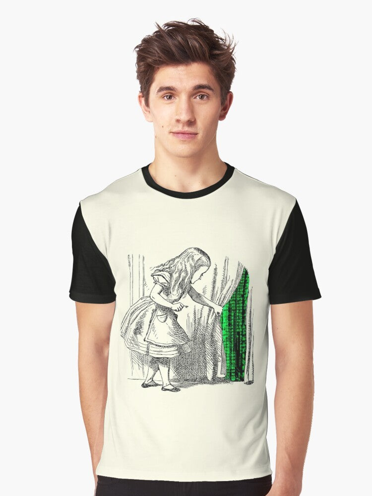 "Follow the White Rabbit" graphic t-shirt with Alice in Wonderland and Matrix inspired design - Men